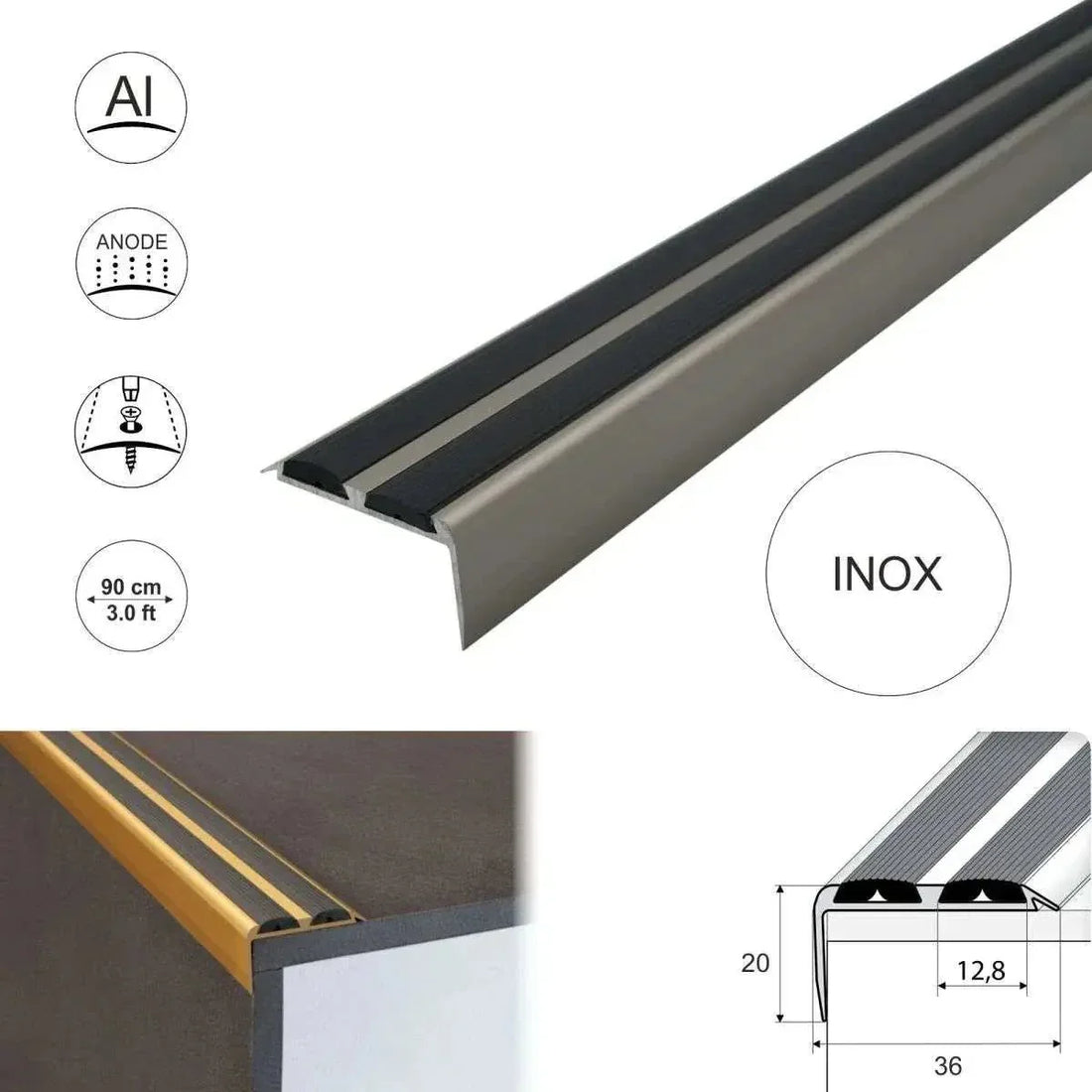 15 Pack Inox A37 0.9m x 36mm x 20mm Screw Fit Anodised Aluminium Non Slip Stair Nosing With Black Rubber - Company