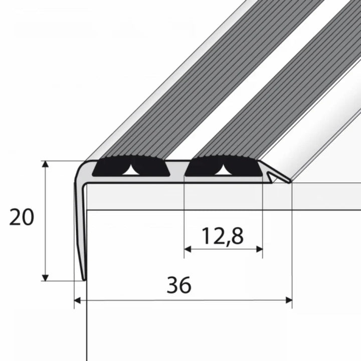 A37 36 x 20mm Anodised Aluminium Non Slip Rubber Stair Nosing Edge Trim With Inserts Stair Nosing etc