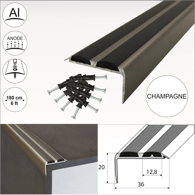 A37 36 x 20mm Anodised Aluminium Non Slip Rubber Stair Nosing Edge Trim With Inserts Stair Nosing etc