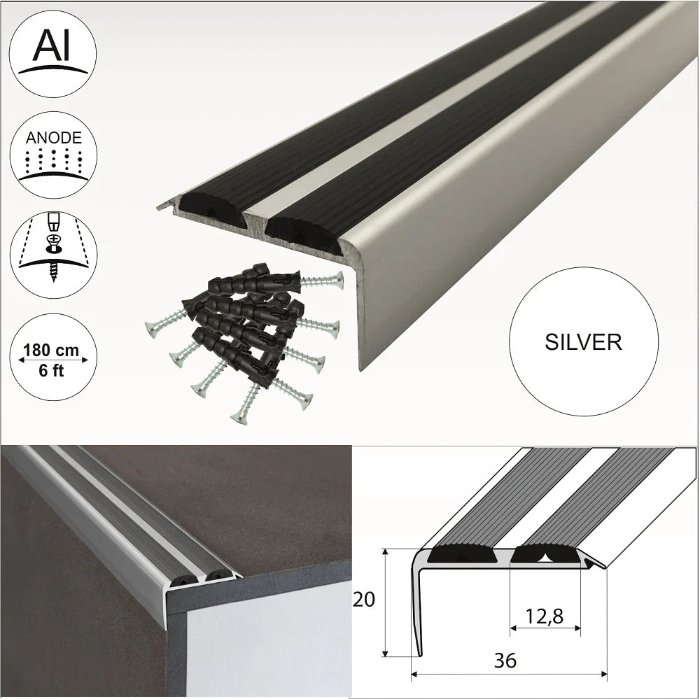 A37 36 x 20mm Anodised Aluminium Non Slip Rubber Stair Nosing Edge Trim With Inserts Stair Nosing etc